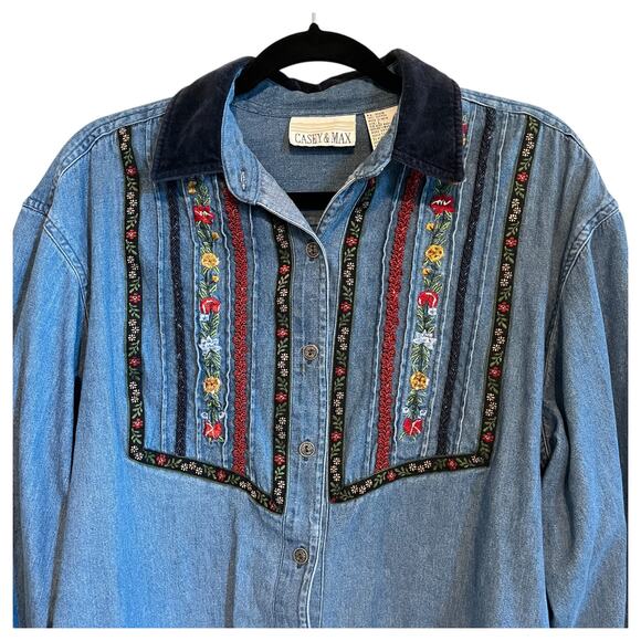 Casey and Max Vintage 90s Floral Embroidered Denim Long Sleeve Button Up Shirt L - Picture 2 of 4